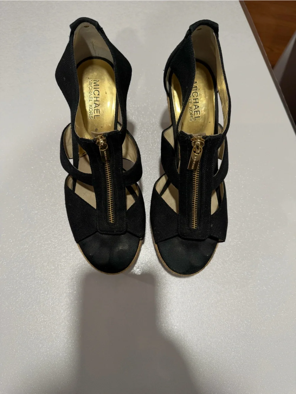 Michael Kors Black Wedge Sandals with Gold Zipper Detail